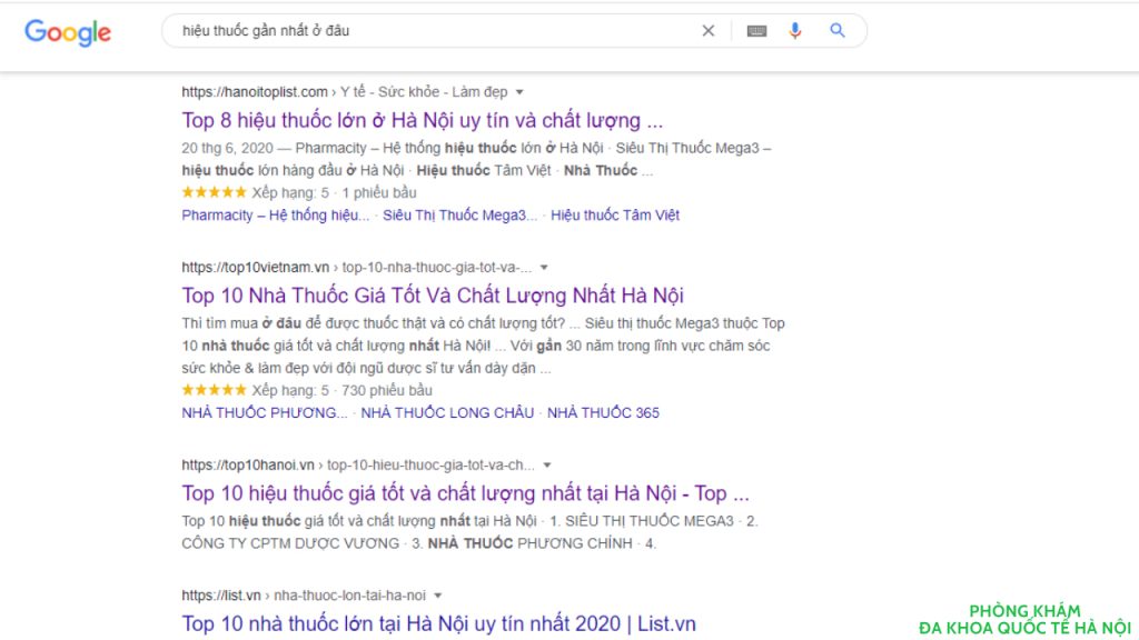 Kết quả tìm kiếm hiệu thuốc gần đây trên google search