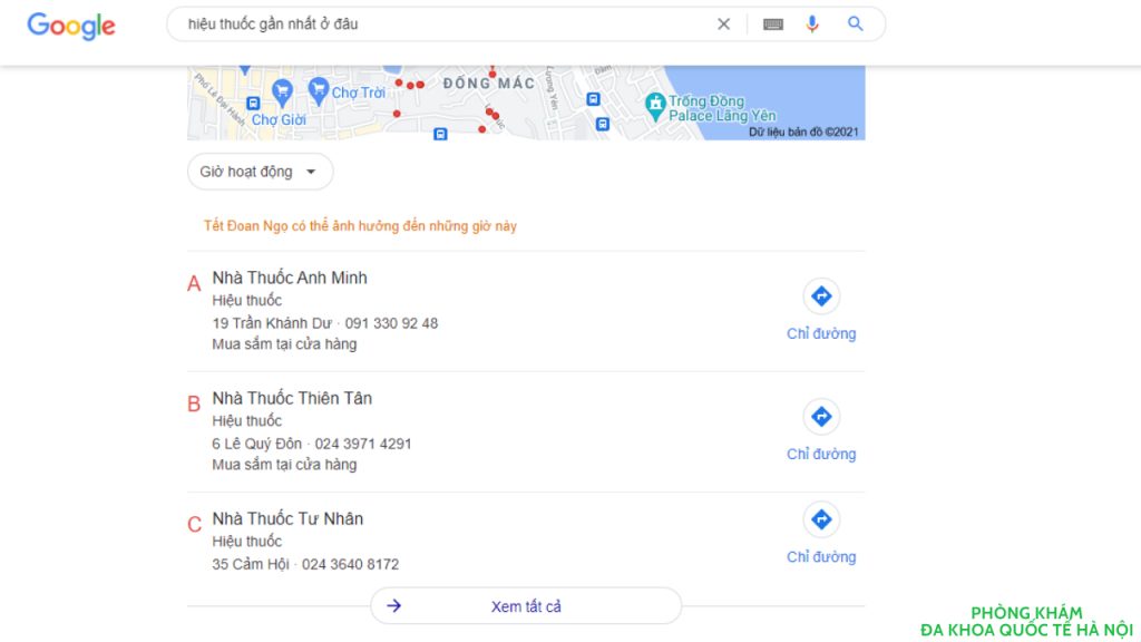 Kết quả tìm kiếm nhà thuốc gần đây trên google search